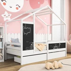 90x200cm Hausbett Kinderbett Lattenrost Kiefer Gitter mit Tafel und Schublade DE - Bild 1 von 10
