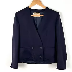 VTG Jaeger Navy Short Cropped Double Breasted Wool Blazer Jacket Sz 6 Preppy - Picture 1 of 13