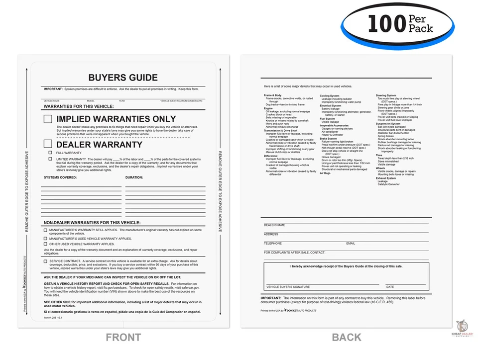DONKEY AUTO PRODUCTS Interior Self-Adhesive Buyers Guide - Implied Warranty With Lines (100 per pack)