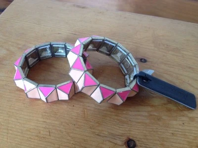 NEW Pair J Crew Pyramid Stud Metal Enamel Pink Punk Stretch Bracelet Bangles NWT - Image 1 of 4