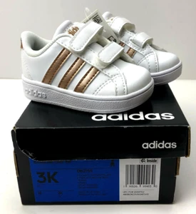 Sneaker Adidas unisex-bambino Baseline taglia 3K, lunghe 4,5" bianche righe rame nuove con scatola - Foto 1 di 10