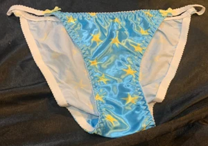 nwot Handmade Sz S satin string bikini panties high gloss Blue Yellow Stars - Picture 1 of 12