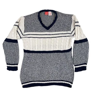 Liz Claiborne Sweater Womens XL Blue White Cable Knit V Neck Nautical Coastal - Picture 1 of 7