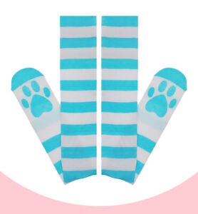 Blue Stripe Cat Paw Cute Girl Women Lolita Over-knee Stockings Cotton Thigh High