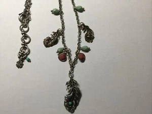 LUCKY BRAND Bronze~Silver tone Feather Necklace w/green, turquoise, coral Accent - Picture 1 of 3