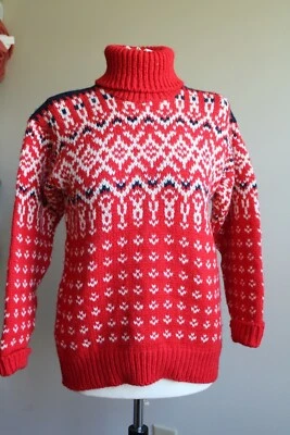 Vintage Devold Herren S Damen L Norwegen Rot Fair Isle Wollpullover Rollkragen Grob - Bild 1 von 4