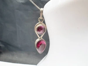 VINTAGE SOLID SILVER AMETHYST PURPLE GLASS TEAR DROP 2 STONE PENDANT - Picture 1 of 7