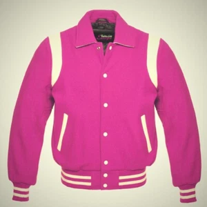 Men Stylish Wool Varsity Jacket Leather Shoulder Stripes In Pink Shades - Picture 1 of 4