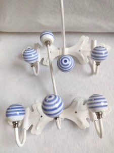 Wall Hanger With White & Blue Striped Ceramic Ball Shaped Knobs Pair New* - Picture 1 of 13