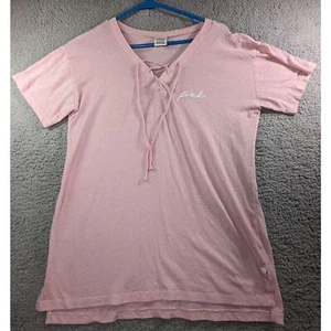 Victoria’s Secret PINK Womens Short Sleeve Pink V-Neck Shirt Size S White logo - Picture 1 of 6