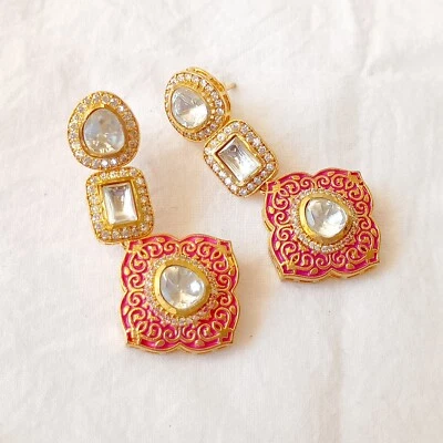 Designer Polki Kundan Meenakari Indian Bridal Drop Earrings Gold Plated Jewelry - Image 1 of 4