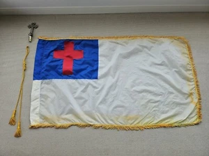 Vtg Christian 3x5’ Flag And Staff Topper Cross And Tassel - Lots Of Staining - Picture 1 of 11