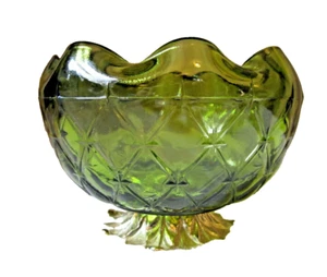 VINTAGE GREEN QUILTED DIAMOND GLASS CANDY COMPOTE DISH METAL BASE MCM - Picture 1 of 7