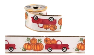 Neu Drahtkantenband Erntedank Herbst Herbst Farben ~ LKW und Kürbis - Bild 1 von 3