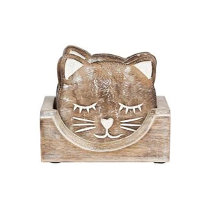 Sass & Belle Wooden Carved Cat Coasters - Set of 6 - Picture 1 of 5