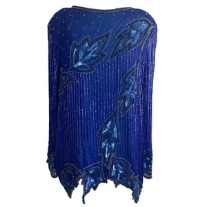 Vintage Anjumun Womens Beaded Blouse Tunic Size L/XL Blue Silk Evening Pullover - Picture 1 of 12