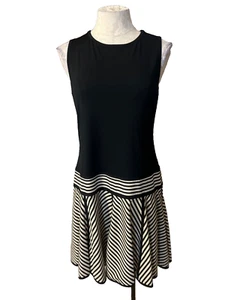 DKNY Dress L Large Black Tan Drop Waist Silk Pullover Sleeveless Mixed Media - Picture 1 of 7
