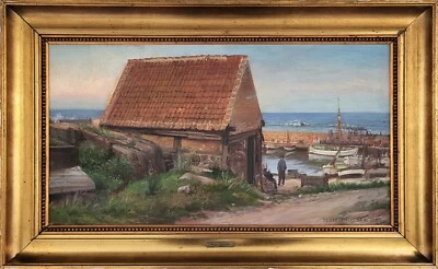 Pintura a óleo. Peder Knudsen (1868-1944): “No porto” (1927) - Imagem 1 de 4