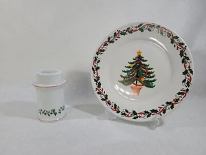 Vintage Christmas Tree Plate W/ Holly & Colonial Candle Holder W/ Holly Berries - Picture 1 of 15