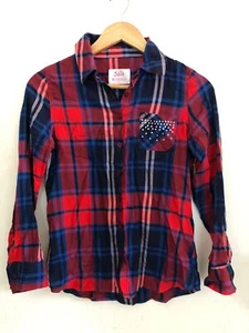 Justice Girls Button Down Shirt Kids Size 12 Red Blue Plaid Long Sleeve Top - Picture 1 of 5