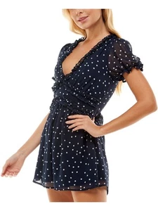 TRIXXI Womens Navy Zippered Lined Pouf Sleeve V Neck Wide Leg Romper M - Picture 1 of 11