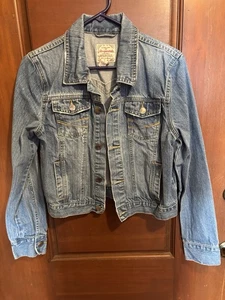 Giacca camionista jeans/denim blu Aeropostale grande leggermente invecchiato usata in ottime condizioni - Foto 1 di 7