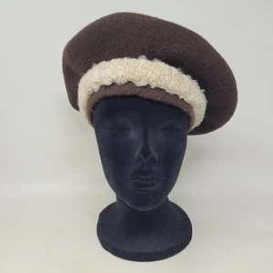 Neiman Marcus Wool Beret Hat Womens Brown Cream Pom Pom Frenchy Italy - Picture 1 of 8
