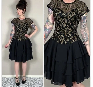 Vintage Gothic Fee Urlaub Glam Stufen Party Kleid Gr. 10 Spitze Tanz Kostüm Gold  - Bild 1 von 16