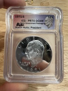 1971 S IKE Dollar ICG PR70 DCAM Signed by Austin Hutto, FREE SHIP, #02102, Lot#1 - Picture 1 of 2