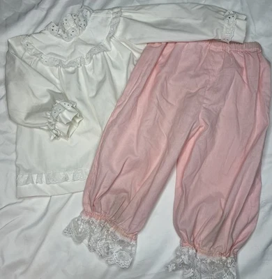 Vintage Girls 2 Piece Prairie Set Handmade Size 6 Pink Bloomers White Top Lace - Image 1 of 4