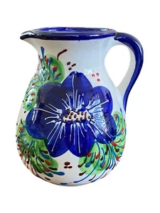 Hnos Pedraza Hand Painted Ceramic Pitcher Spain Blue Flower Folk Art Like New VG - Picture 1 of 8