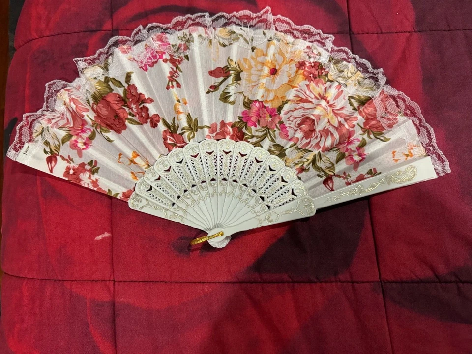 Folding Hand Fan White w/Red & Yellow Color Flowers Lace open size 16.5x9" - Image 1 of 1
