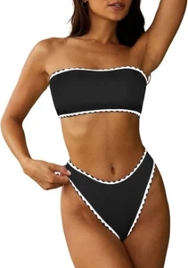ZAFUL Women Strapless Ribbed Bandeau Bikini 2 Piece Swimwear Cheeky - Picture 1 of 6