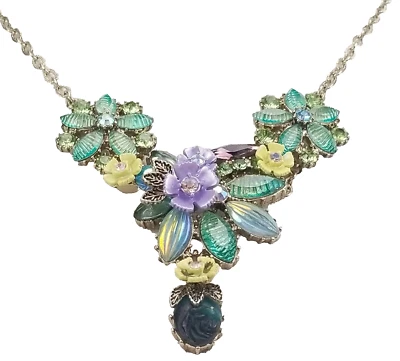 Betsey Johnson Spring Ahead Teal Purple Flower Rose Yellow Leaf Necklace RARE - Image 1 of 4