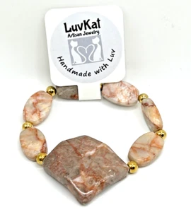 7.5" Red Creek Jasper Natural Stone Chunky Beaded Stretch Bracelet +Gold Beads - Picture 1 of 6