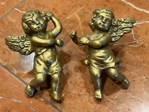 ANGEL CHERUB CHRISTMAS ORNAMENTS 5" GOLD CERAMIC LOT 2 DARLING EUC - Picture 1 of 4