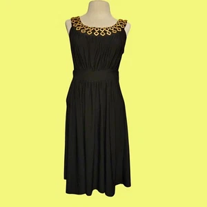Black Sleeveless Midi Dress With Gold Geometric Embellished Neckline & Gathered - Picture 1 of 7