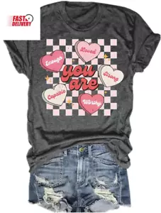 Valentines Shirts for Women Retro Candy Heart Printed Valentines Day Shirts Shor - Picture 1 of 12