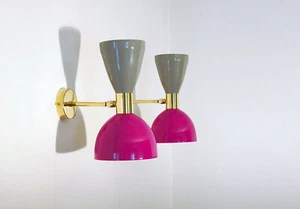 1950's Mid Century Brass Italian Diabolo Wall Sconce Light Fixture 2 Bulb Pair - Picture 1 of 5