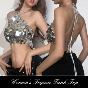 Womens Glitter Silver Sequin Halter Backless Bra Cropped Top Party Club Bling - Picture 1 of 12