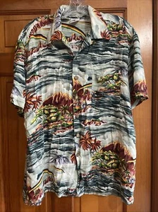 Vintage Kennington Hawaiian Short Sleeve Shirt Sz L Palm Trees Volcanos Tropical - Picture 1 of 9