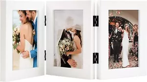 4x6 Triple Picture Frame Trifold Hinged 3 Openings Desk Collage Real Glass White - Picture 1 of 8