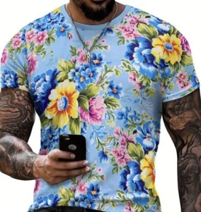 Hawaiian T-Shirt Mens Large Blue All Over Flower Print Bright Stretch Shirt New - Picture 1 of 7