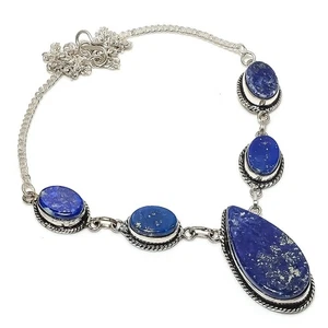 Lapis Lazuli Gemstone 925 Sterling Silver Jewelry Necklace 18" E136 - Picture 1 of 2
