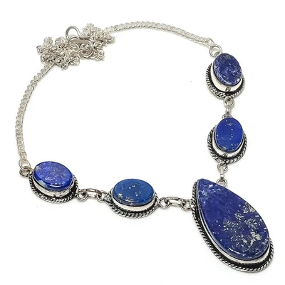 Lapis Lazuli Gemstone 925 Sterling Silver Jewelry Necklace 18" E136 - Image 1 of 2