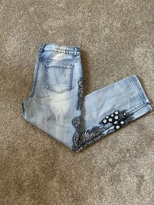 Juliette Women Size 12 Distressed & Bead Embellished Jeans Black And Blue Birds - Picture 1 of 16
