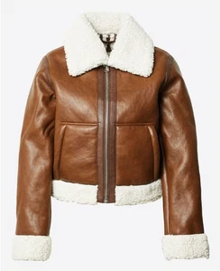 Abercrombie & Fitch Damen MED Braun Vegan Leder Flieger Bomber Jacke Sherpa - Bild 1 von 22