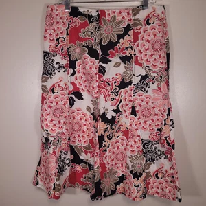 Kim Rogers Petite 16P Black & Pink Floral Midi Length Godet Skirt 100% Linen - Picture 1 of 6