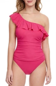 PROFILE BY GOTTEX Solid One-piece Ruffle Off Shoulder Rose Swimsuit Size 14 - Picture 1 of 5