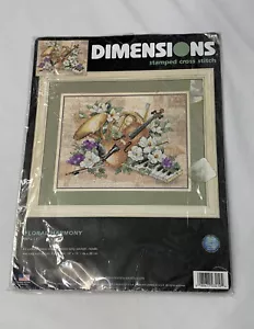 NIP Dimensions Floral Harmony Stamped Cross Stitch Kit #3210 14x11 Violin Tuba - Picture 1 of 5